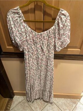 Lulu's Pink Floral Puff-Sleeve Midi Dress on White